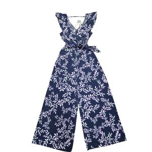 APRICOT Navy and Pruple Leaf Print Wide Leg Jumpsuit